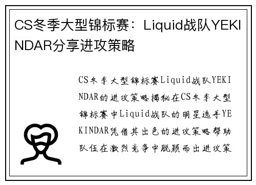 CS冬季大型锦标赛：Liquid战队YEKINDAR分享进攻策略