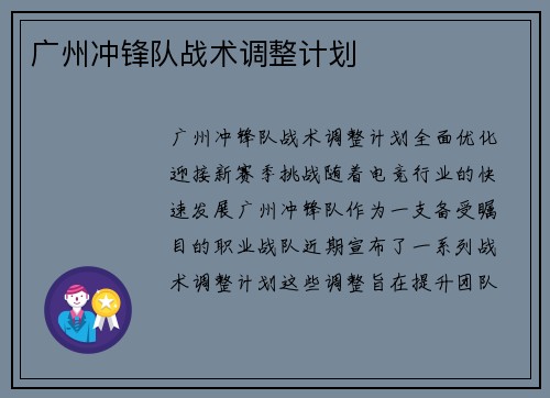 广州冲锋队战术调整计划