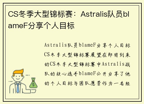 CS冬季大型锦标赛：Astralis队员blameF分享个人目标